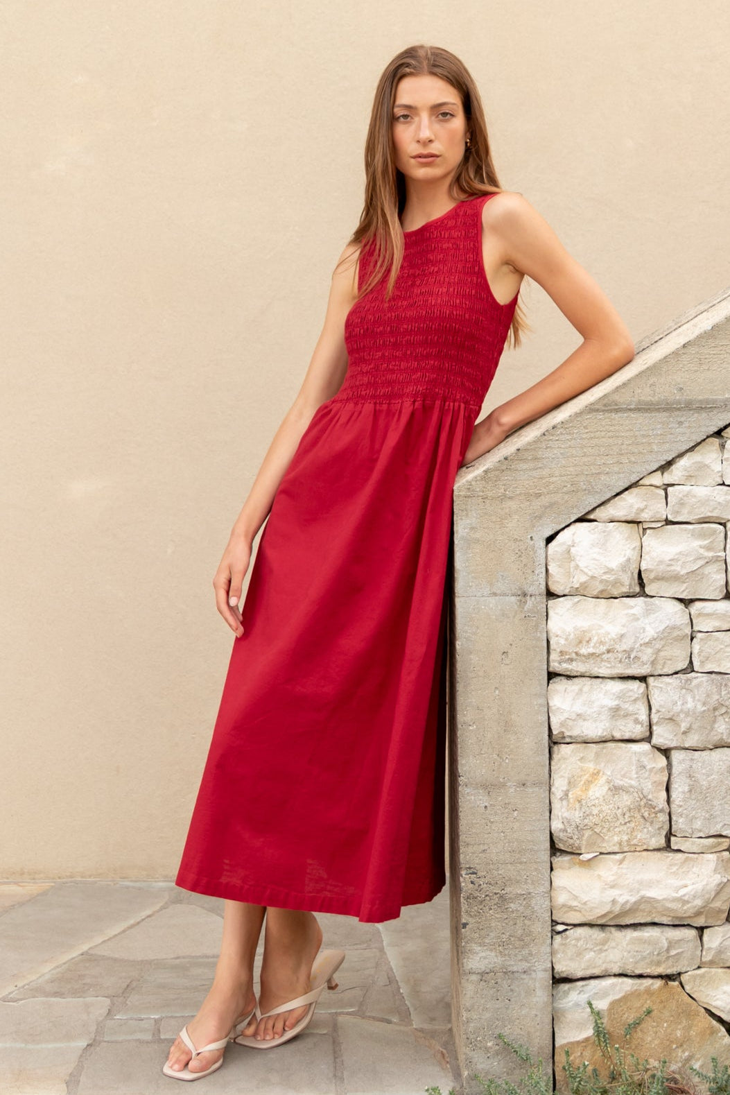 Bryar Plum Linen Blend Sleeveless Shirred Bodice Midi Dress