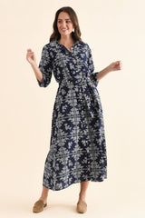 Acala Navy Cotton Embroidered Dress