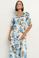 Amora Blue Vintage Floral SS Bias Midi Dress