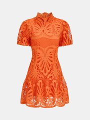 High Neck Short Sleeve Guipure Lace Mini Dress