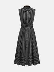 Striped Collared Sleeveless Tie Waist Midi Dress