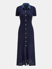 Denim Collar Ribbed Knit Maxi Dress