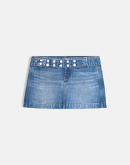 Belted Denim Mini Skirt in Fade Blue