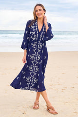 Dancing With Birds Midi Dress - Deepblue