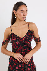 Belfast Black Poppy Print Georgette Bias Ruffle Slip Maxi Dress