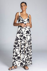 Break Your Heart Ivory Black Floral Cotton Linen Strappy Maxi Dress