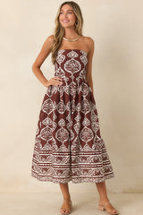 Painted Passage Chocolate & Ivory Cotton Strapless Midi Dress