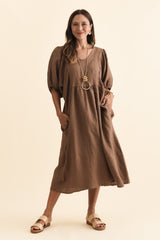 Claudine Chocolate Linen Pocket Dress