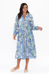 Coastal Blue Leaf Collared Dress