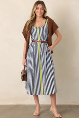 All Smiles Navy & Chartreuse Stripe Cotton Midi Dress