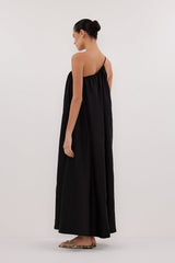 ALMA BLACK ASYM LINEN MIDI DRESS