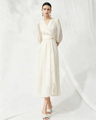 V-Neck Silk Midi Dress with Twist Front Waist