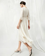 V-Neck Silk Midi Dress with Twist Front Waist