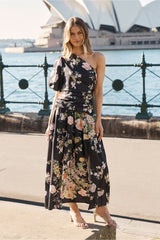 Berlyn One Shoulder Maxi Dress in Black With Pink Floral