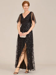 ever ALIX|Short Sleeves Sequin High Low V-Neck Midi Mother of the Bride Dress