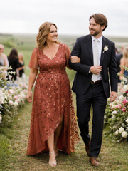 ever ALIX|Short Sleeves Sequin High Low V-Neck Midi Mother of the Bride Dress