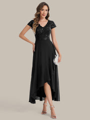 Deep V-Neck Lace Cap Sleeve Evening Dress