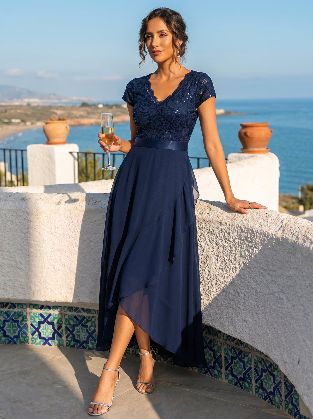 Deep V-Neck Lace Cap Sleeve Evening Dress