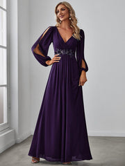 ever AMOUR|Elegant Chiffon V-Neckline Long Sleeve Formal Evening Dress