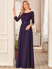 ever FAUN|Lace Chiffon Maxi Evening Dress with Half Sleeve