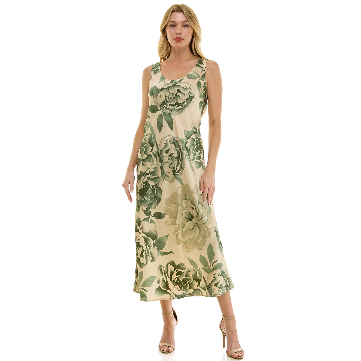 Sleeveless Scoop Neck Maxi Dress In Tan/Olive/Green