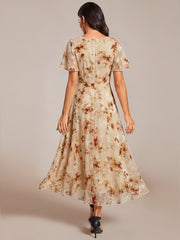 Deep V-Neck Chiffon Ruffle Sleeve Wedding Guest Dress