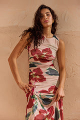 Arabella Red Floral Mesh Sleeveless Midi Dress