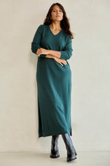 Cotton Cashmere Wool V Neck Knit Dress – Green