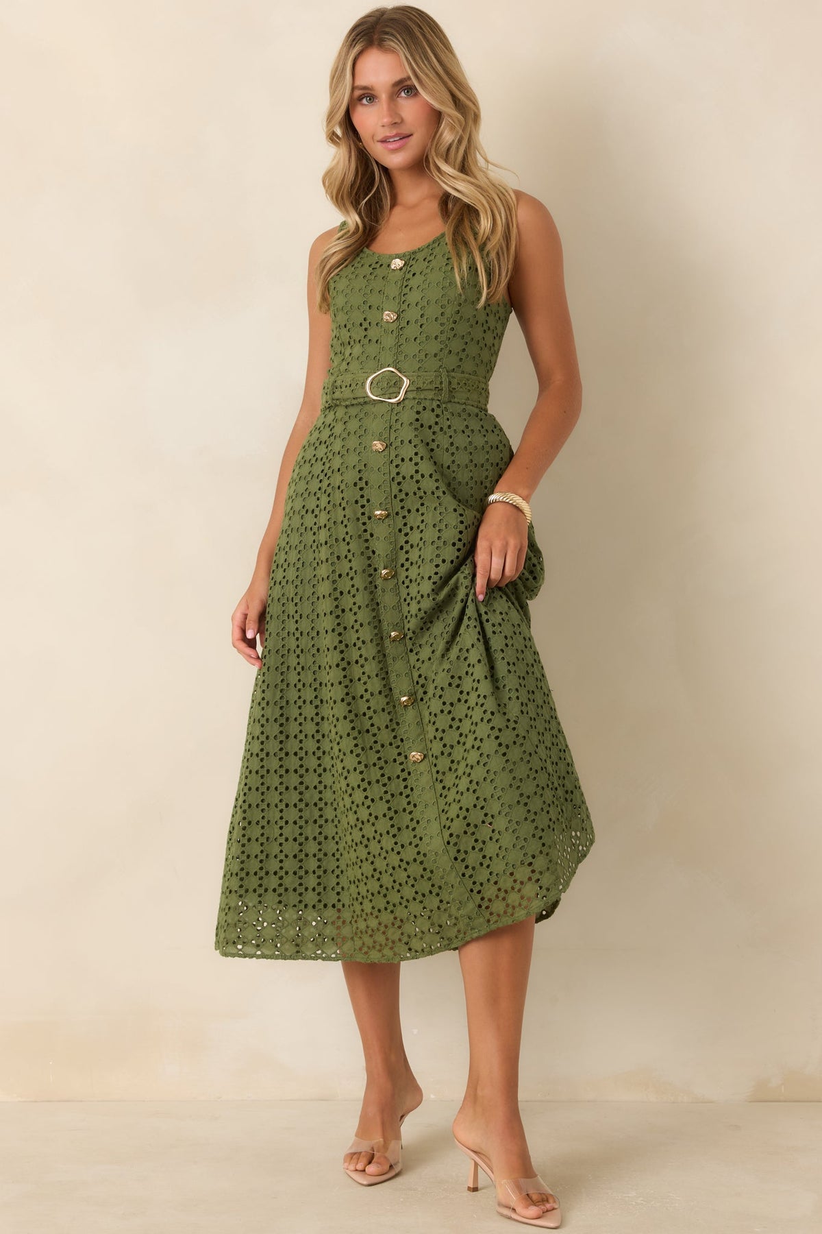 Garden Society Olive Green Cotton Eyelet Sleeveless Midi Dress
