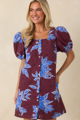 If You Ask Me Wine & Cobalt Floral Cotton Puff Sleeve Mini Dress