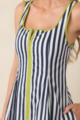All Smiles Navy & Chartreuse Stripe Cotton Midi Dress