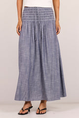Byron Light Blue Chambray Shirred Waist Maxi Skirt