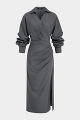 Stripes Print V-Neck Ruched Long Sleeve Maxi Dress