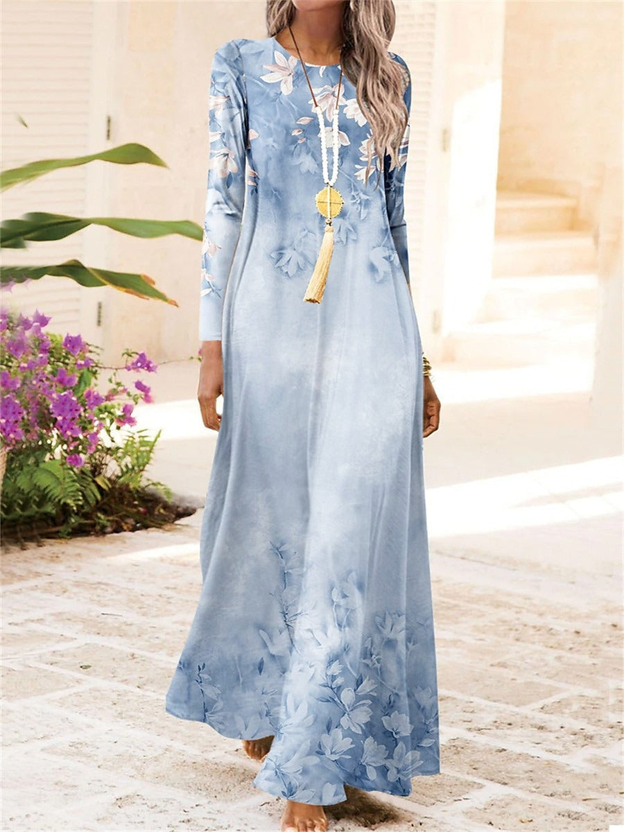 Blue Floral Long Sleeve Maxi Dress