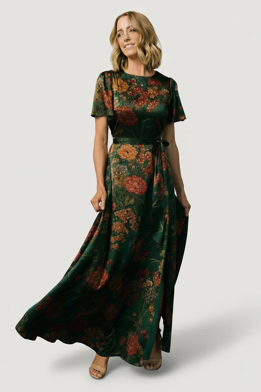 Agnes Satin Maxi Dress | Dark Green Floral
