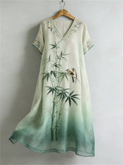 Bamboo Floral Print V-neck Short Sleeve Maxi Dress