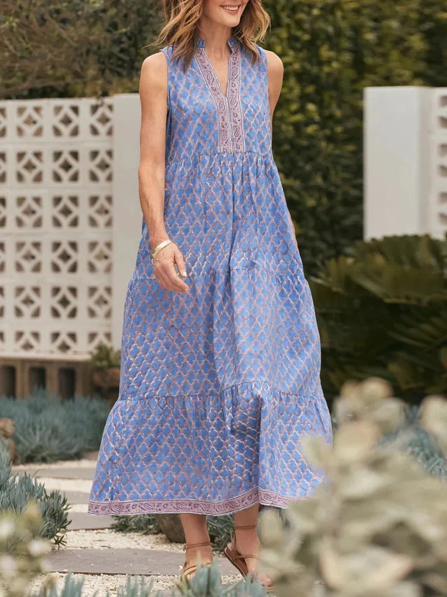 Blue Block Print V-neck Sleeveless Tiered Maxi Dress