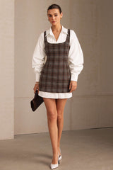 Solid Long Sleeve Shirt And Plaid Print Mini Dress Set