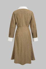 Contrast Stripes Print Asymmetrical Ruched Long Sleeve Midi Dress