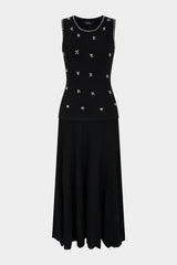Knit Round Neck Peals Rhinestone Decor Sleeveless Maxi Dress