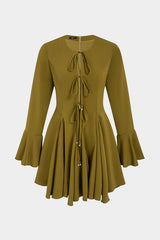 Solid Ruched Tie-Up Long Sleeve Mini Dress