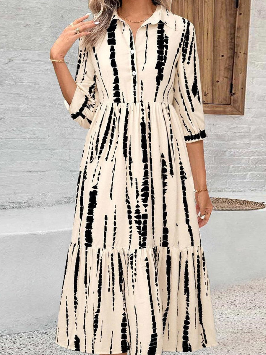 Apricot 3/4 Sleeve Lapel Midi Dress