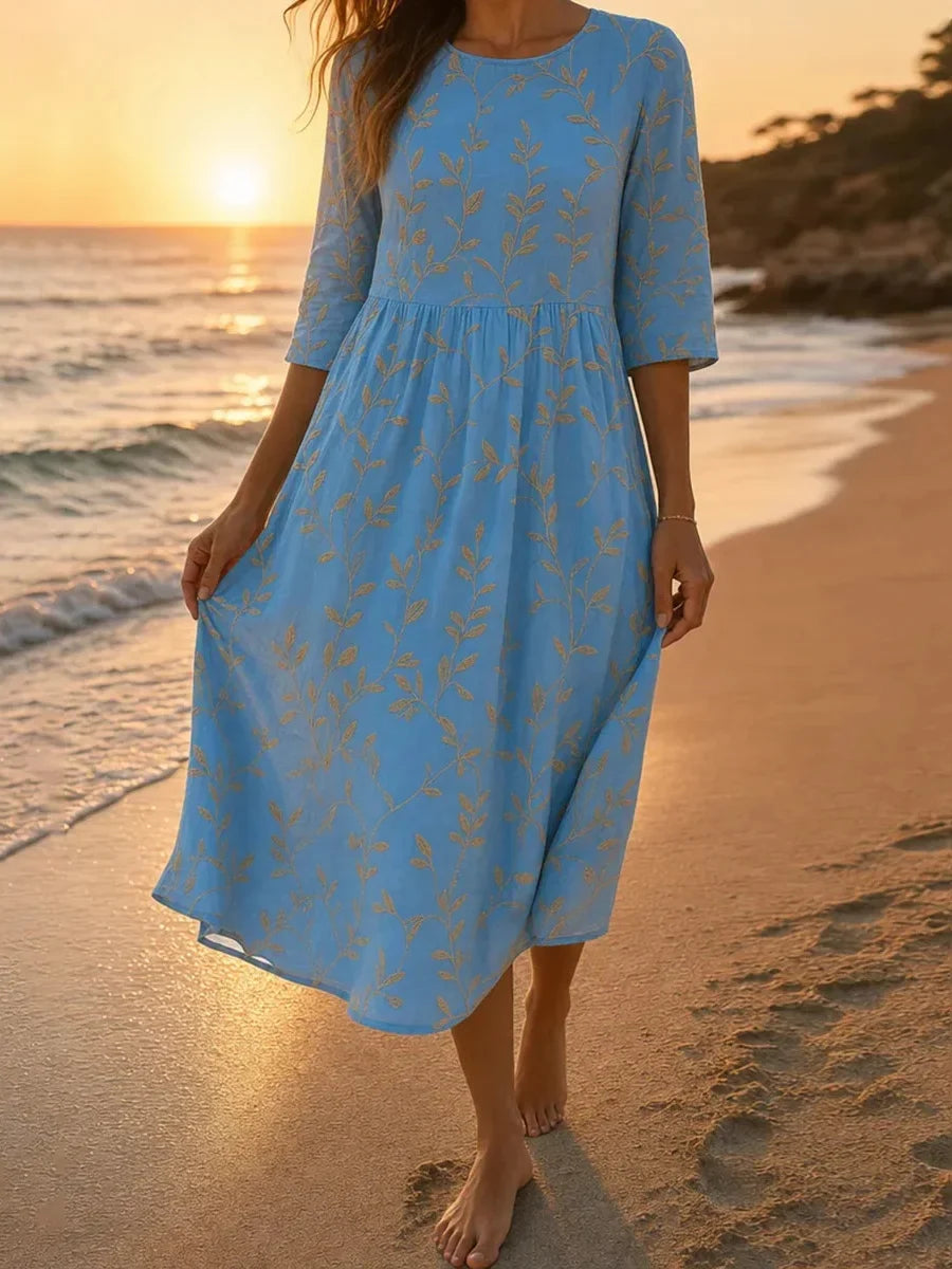 Blue Leaf Print Round Neck 3/4 Sleeve Midi Dress