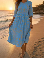 Blue Leaf Print Round Neck 3/4 Sleeve Midi Dress