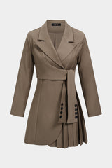 Notched Lapel Tie-Up Asymmetrical Pleated Long Sleeve Mini Dress