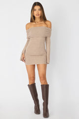 Beige Knit Dress Off Shoulder