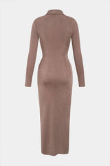 Lapel Twist Knot Ruched Button Long Sleeve Maxi Dress