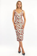 Beige Floral Bodycon Dress Mesh