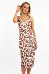 Beige Floral Bodycon Dress Mesh