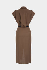 Asymmetrical Button Belted Slit Short Sleeve Midi Dress